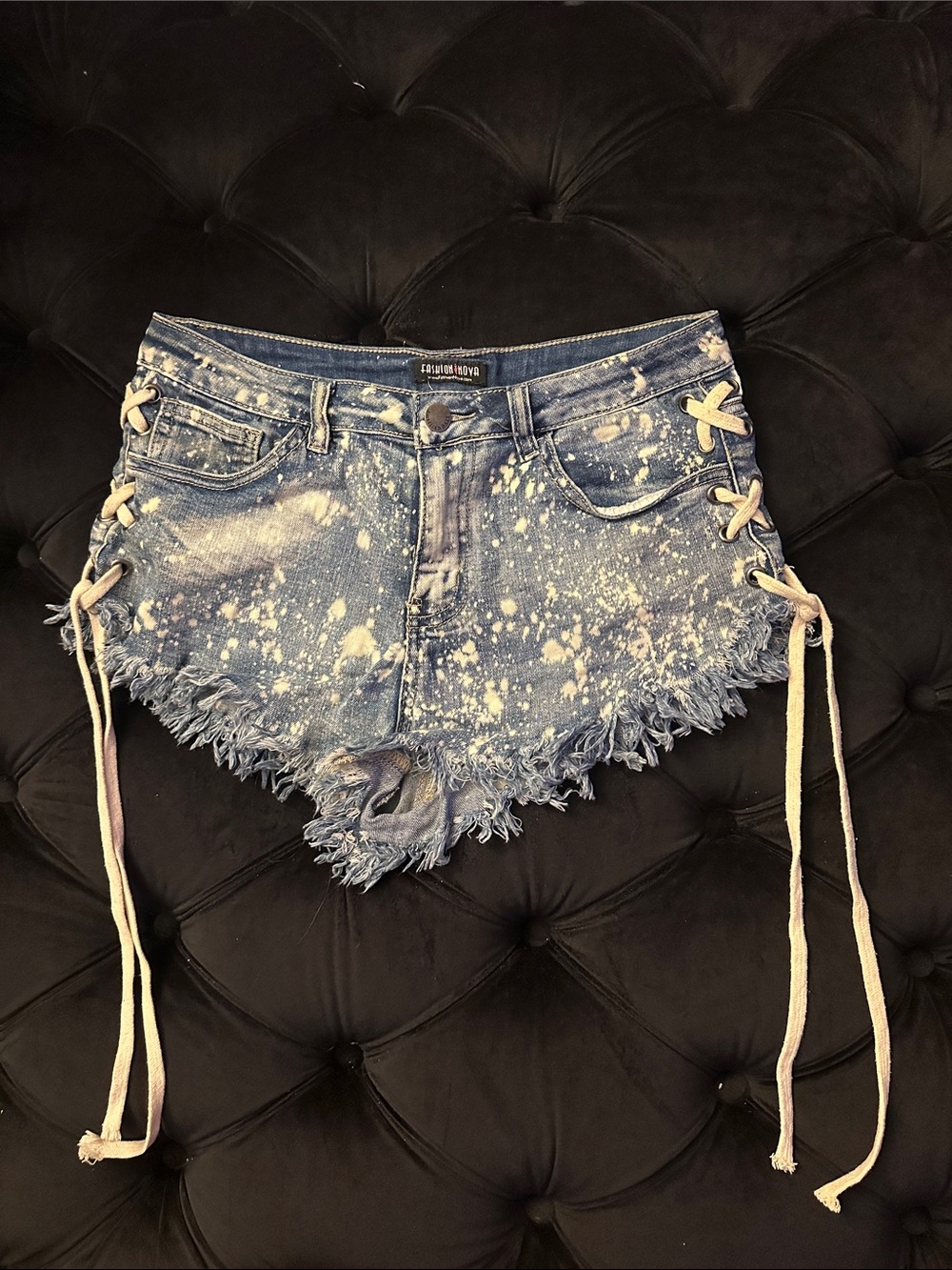 Fashion Nova Blue Distressed Lace-Up Splatter Denim Shorts